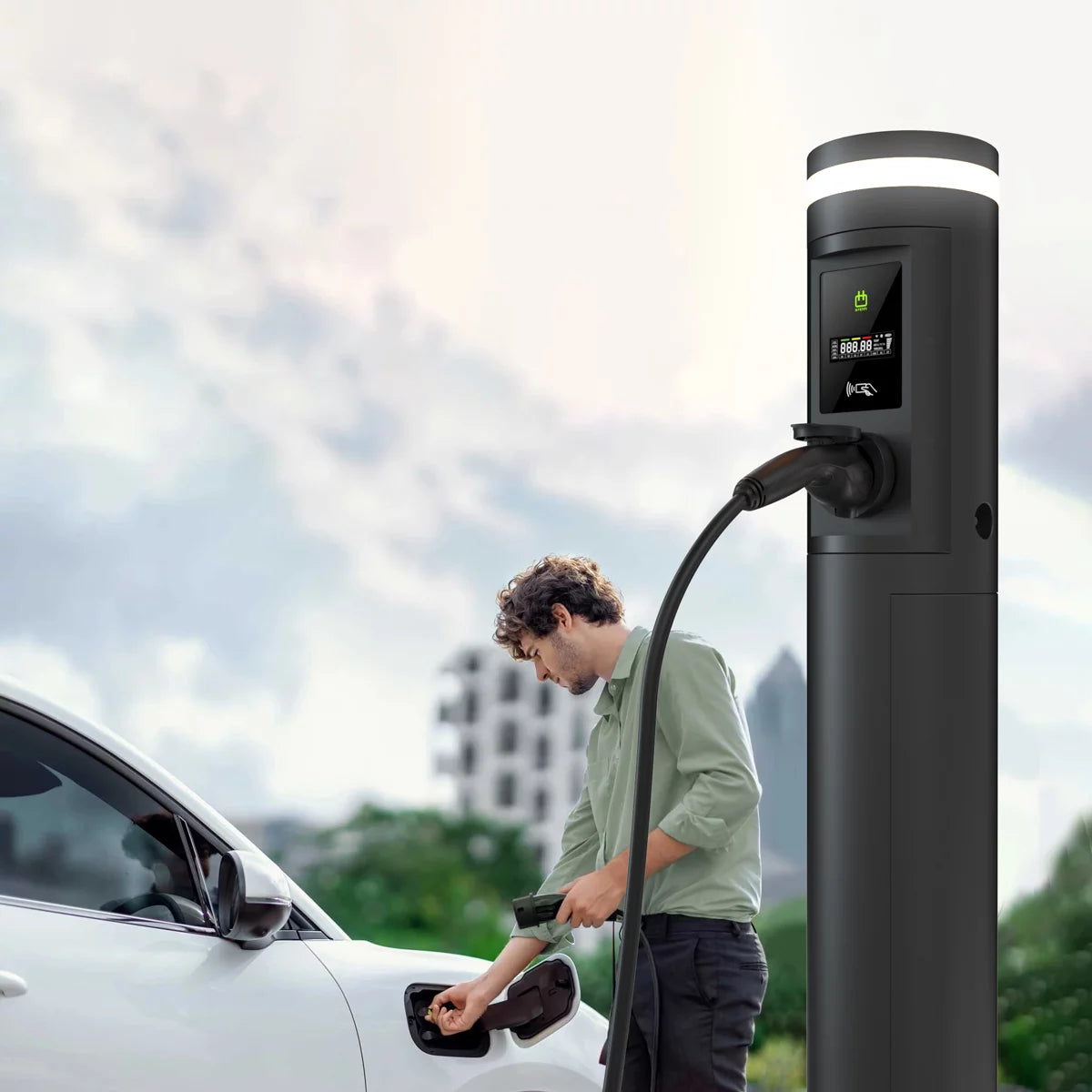 EcoPillar EV Charger 2X7KW,2X11KW,2X22KW, Dual Socket, Intergrated Garden light , Ideal for Public or Private use